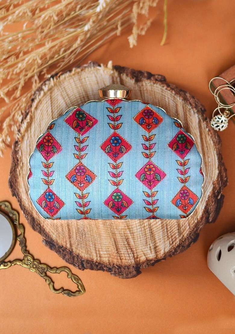 Blue Fabric Blue And Red Printed Embroidered Half Moon Clutch - Indya