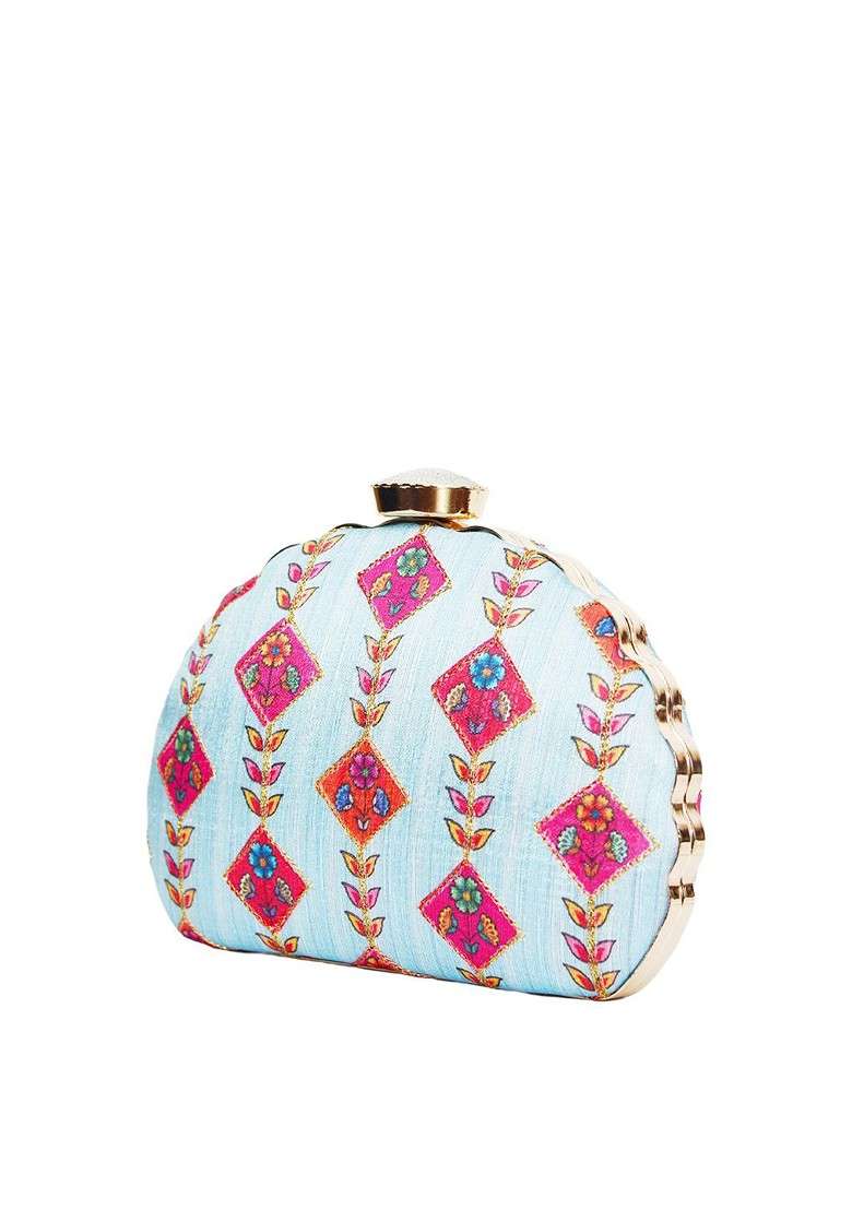 Blue Fabric Blue And Red Printed Embroidered Half Moon Clutch - Indya