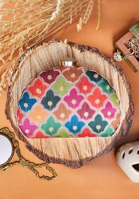 Pink Fabric Pink And Green Printed Embroidered Half Moon Clutch