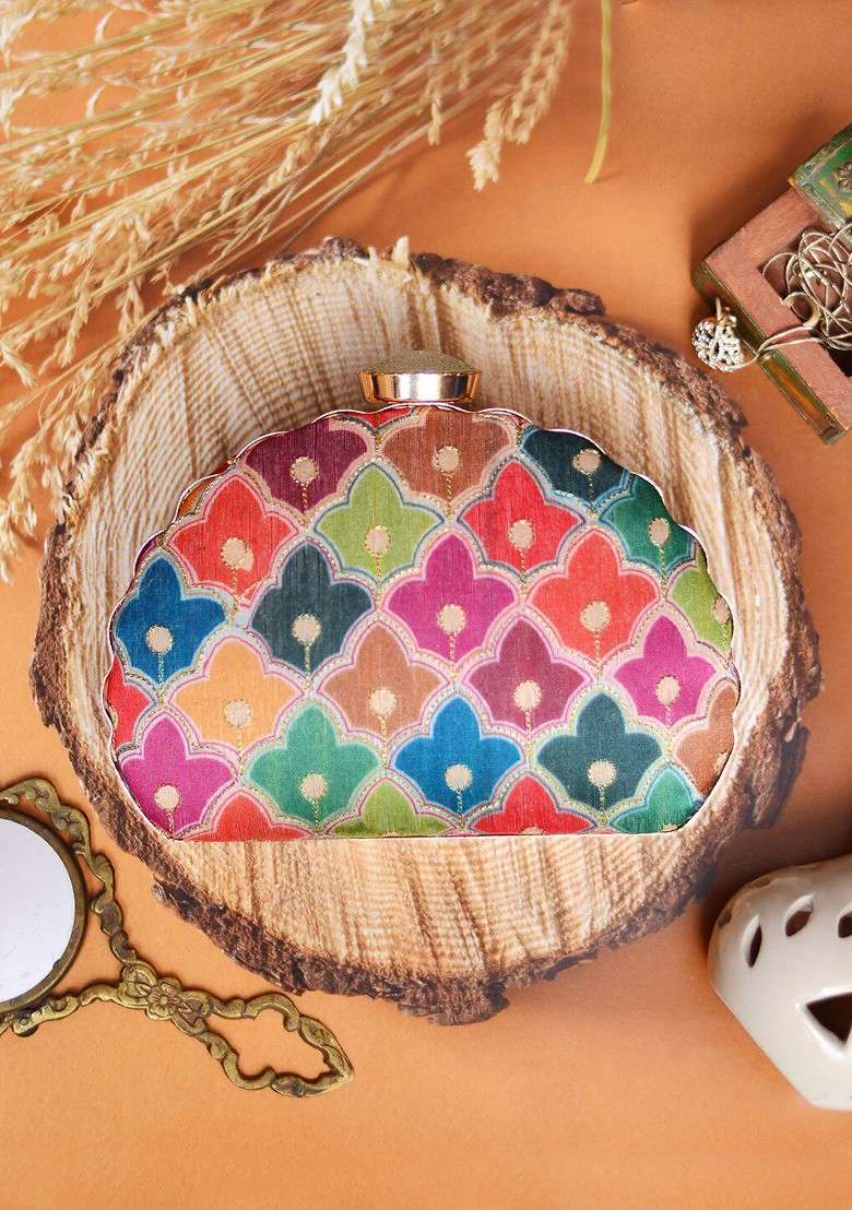 Pink Fabric Pink And Green Printed Embroidered Half Moon Clutch - Indya