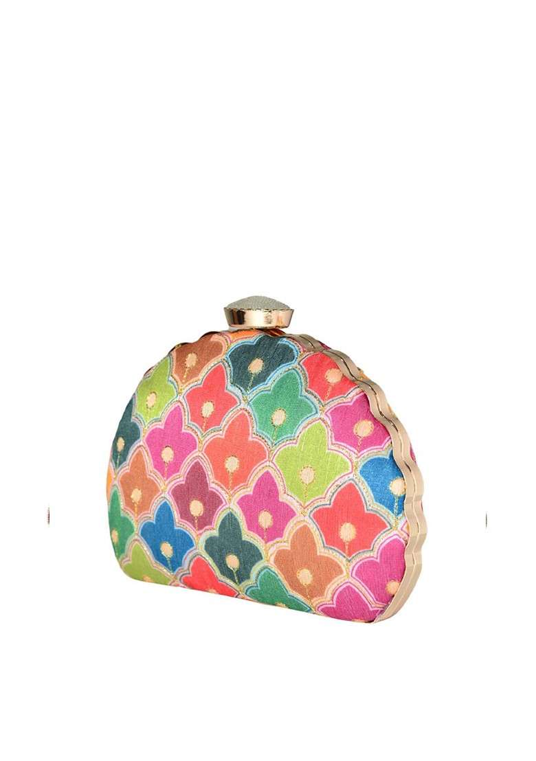 Pink Fabric Pink And Green Printed Embroidered Half Moon Clutch - Indya