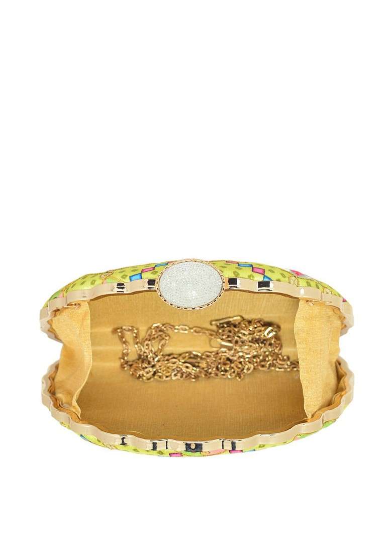 Yellow Fabric Yellow And Pink Printed Embroidered Half Moon Clutch - Indya