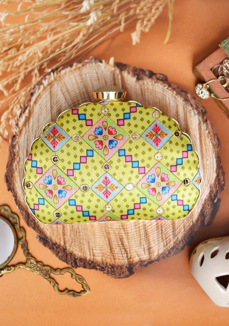 Yellow Fabric Yellow And Pink Printed Embroidered Half Moon Clutch - Indya