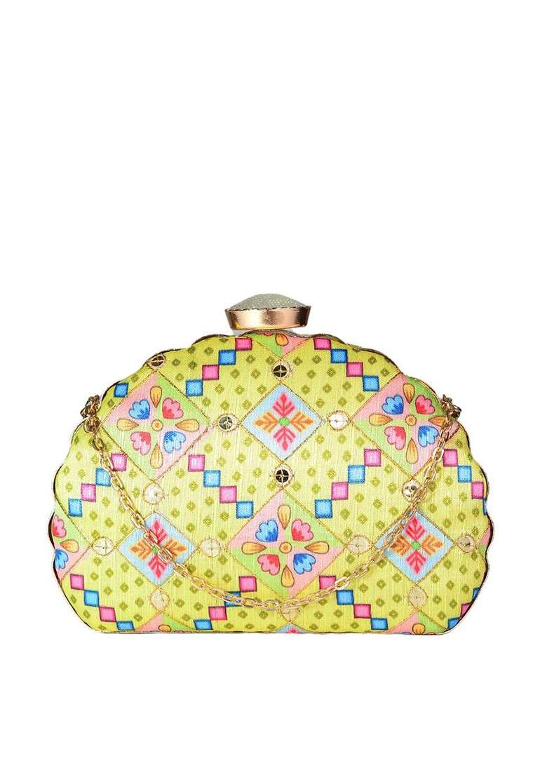 Yellow Fabric Yellow And Pink Printed Embroidered Half Moon Clutch - Indya