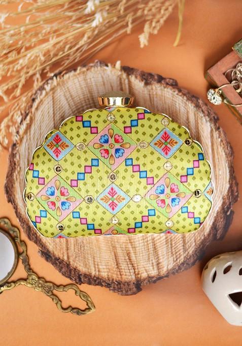 Yellow Fabric Yellow And Pink Printed Embroidered Half Moon Clutch