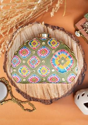 Green Fabric Green And Yellow Printed Embroidered Half Moon Clutch