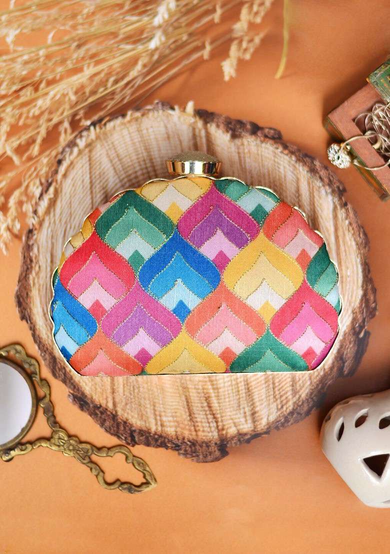 Peach Fabric Peach Coloured And Green Printed Embroidered Half Moon Clutch - Indya