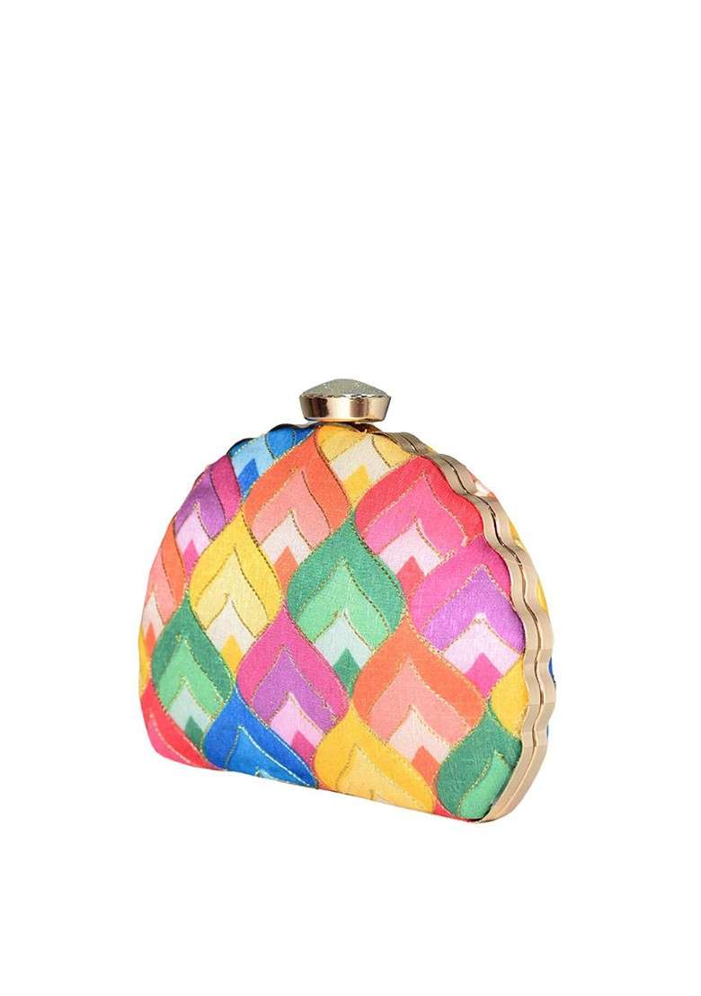 Peach Fabric Peach Coloured And Green Printed Embroidered Half Moon Clutch - Indya