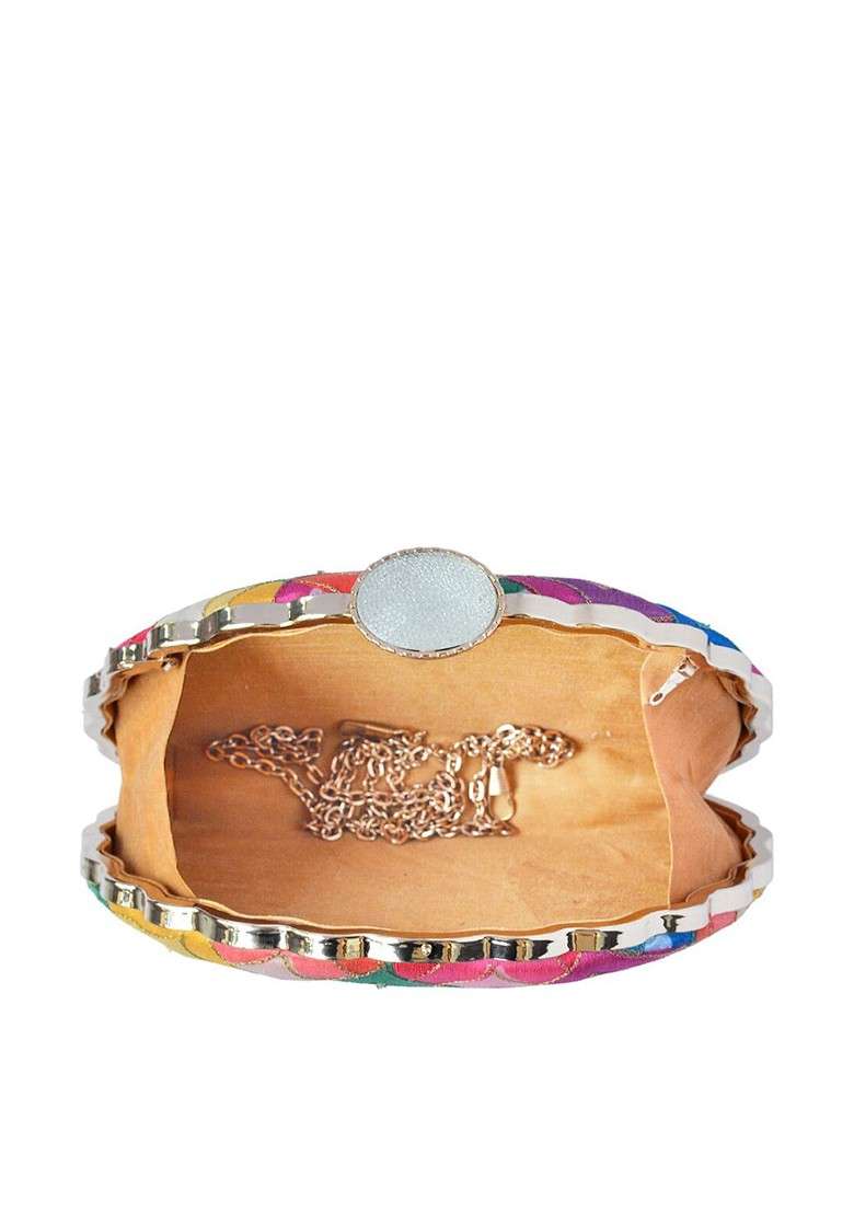 Peach Fabric Peach Coloured And Green Printed Embroidered Half Moon Clutch - Indya