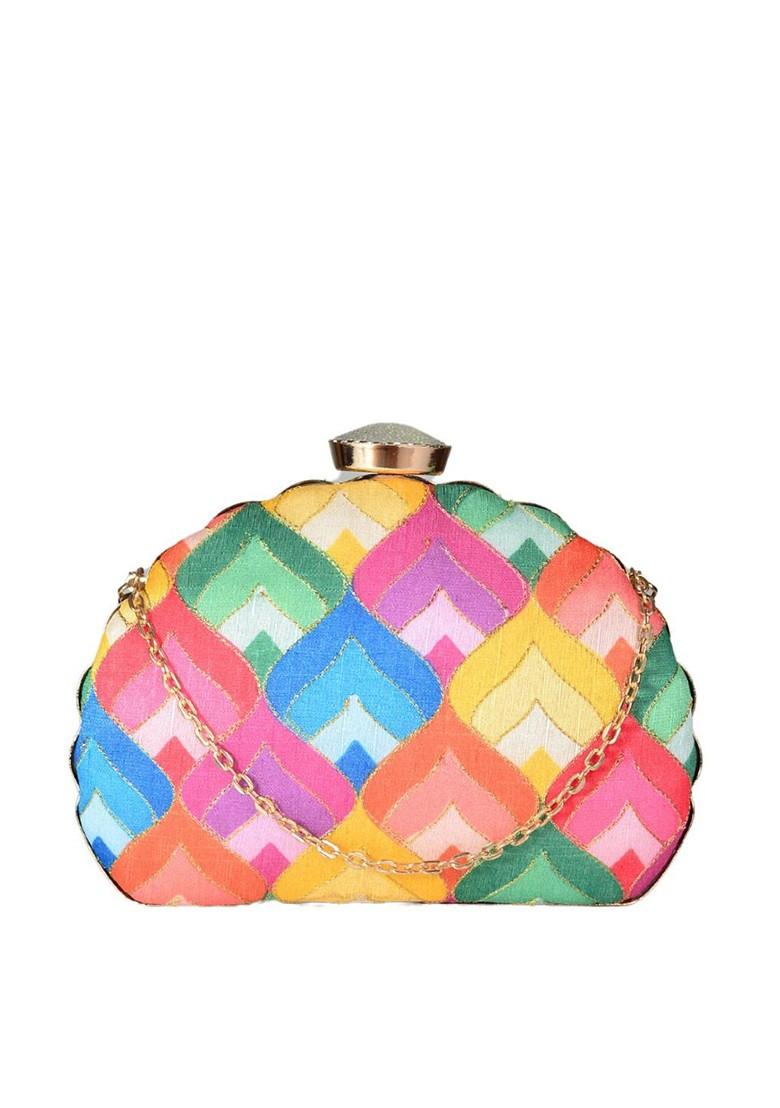 Peach Fabric Peach Coloured And Green Printed Embroidered Half Moon Clutch - Indya