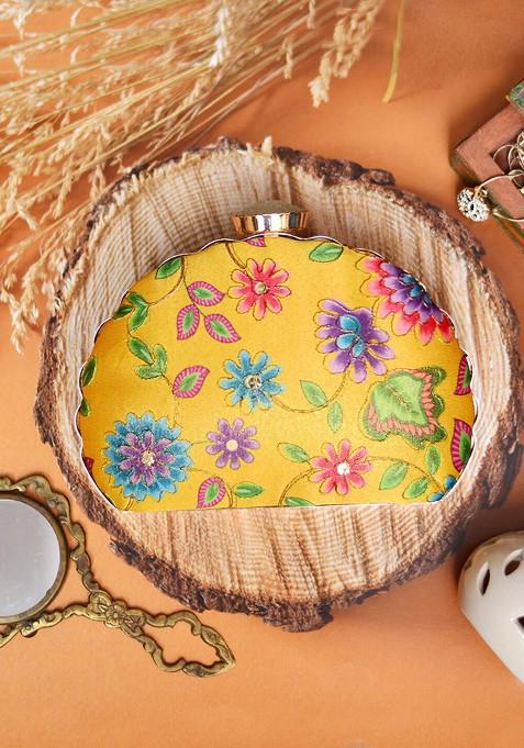 Yellow Fabric Yellow And Blue Printed Embroidered Half Moon Clutch