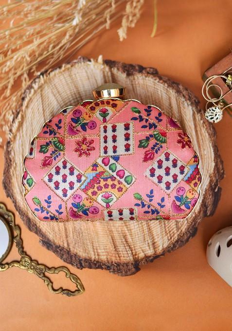 Pink Fabric Pink And Red Printed Embroidered Half Moon Clutch