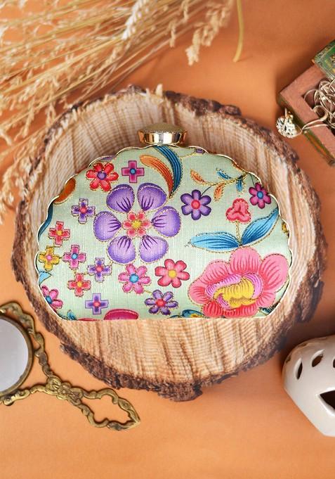 Green Fabric Green And Purple Printed Embroidered Half Moon Clutch
