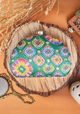 Green Fabric Green And Blue Printed Embroidered Half Moon Clutch