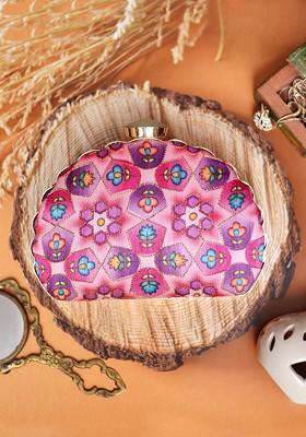 Pink Fabric Pink And Purple Printed Embroidered Half Moon Clutch