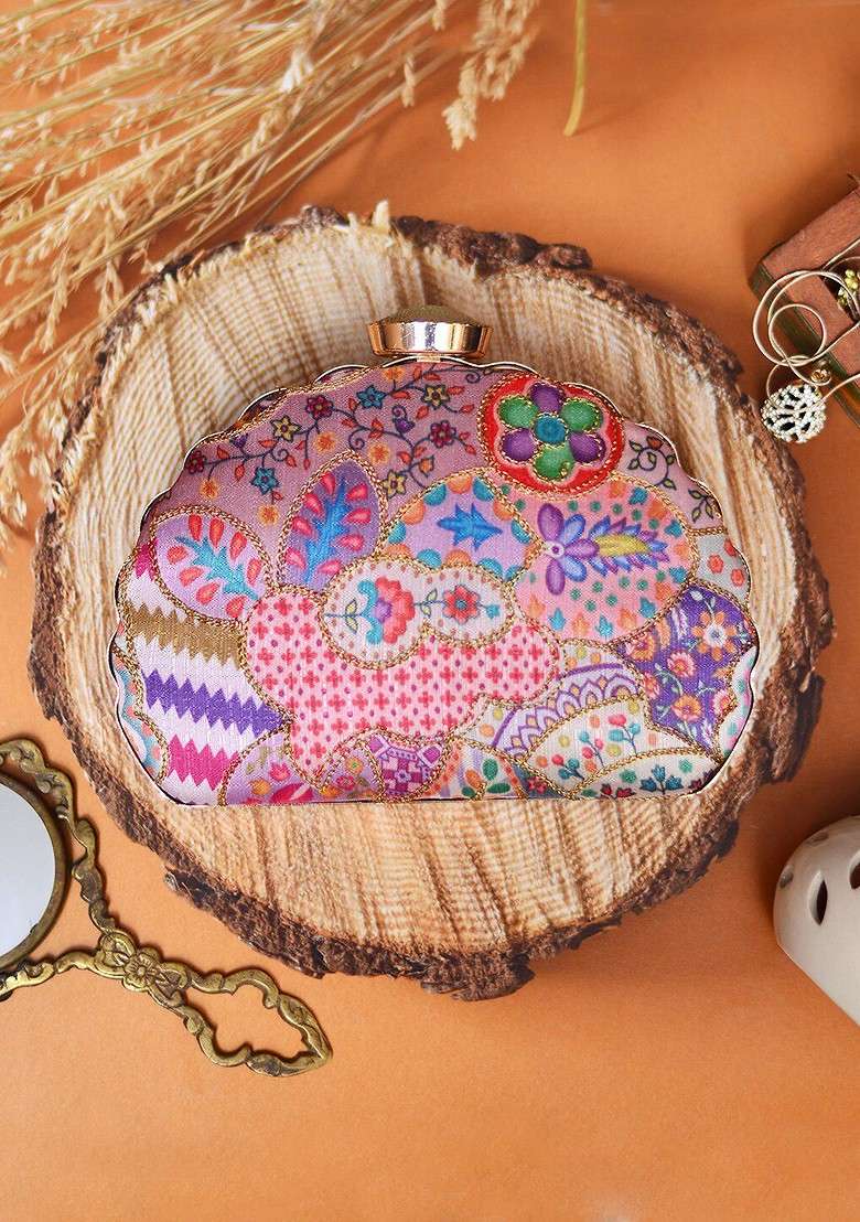 Purple Fabric Purple And Pink Printed Embroidered Half Moon Clutch - Indya