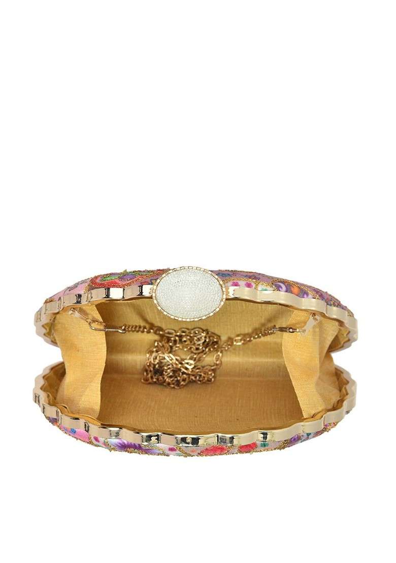 Purple Fabric Purple And Pink Printed Embroidered Half Moon Clutch - Indya