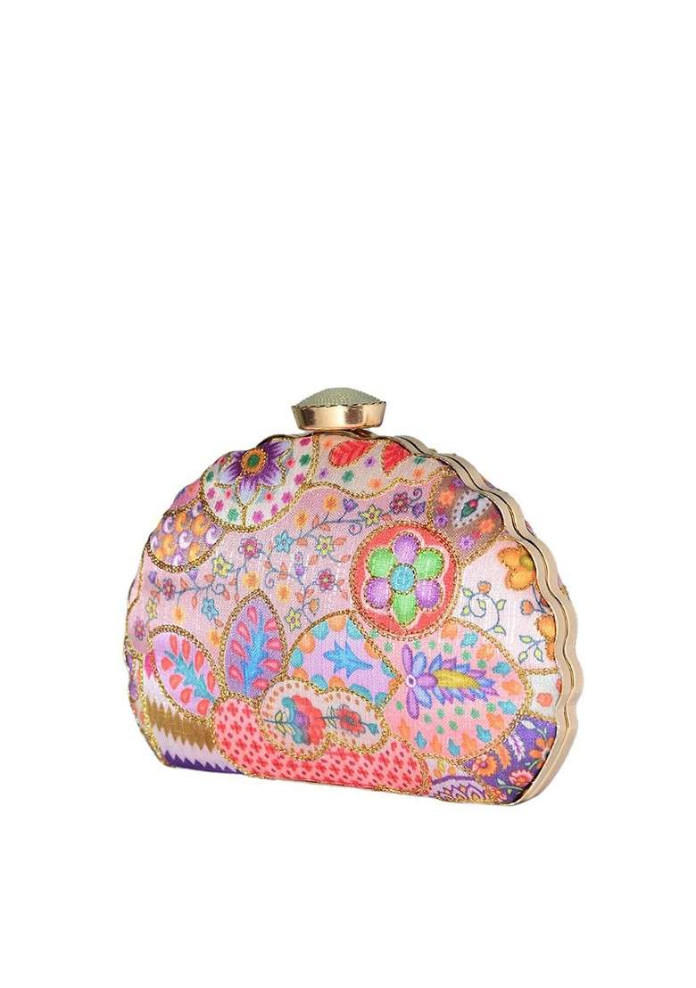 Purple Fabric Purple And Pink Printed Embroidered Half Moon Clutch - Indya