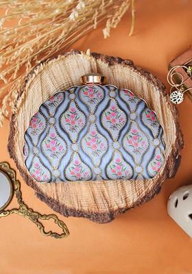 Grey Fabric Grey And Blue Printed Embroidered Half Moon Clutch