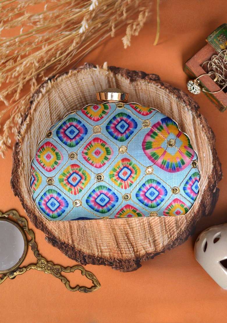 Blue Fabric Blue And Yellow Printed Embroidered Half Moon Clutch - Indya