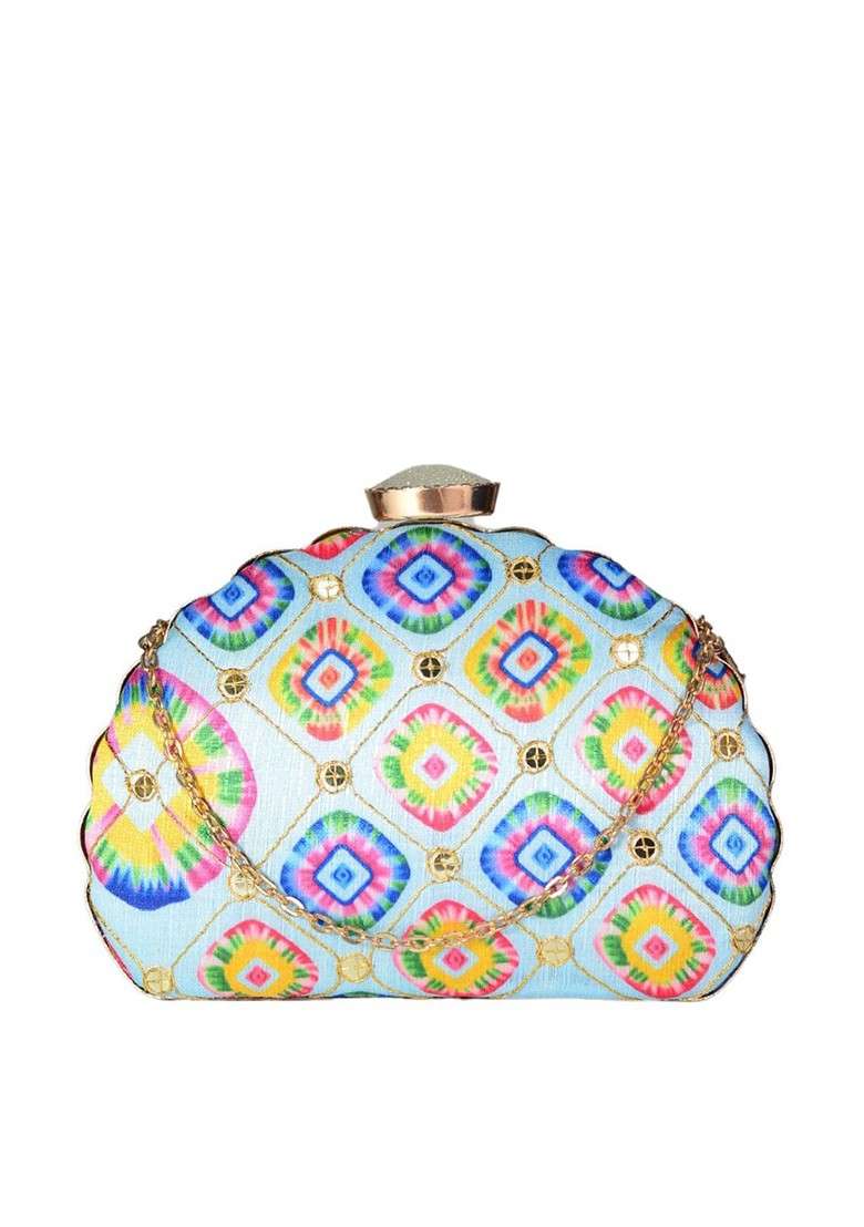 Blue Fabric Blue And Yellow Printed Embroidered Half Moon Clutch - Indya