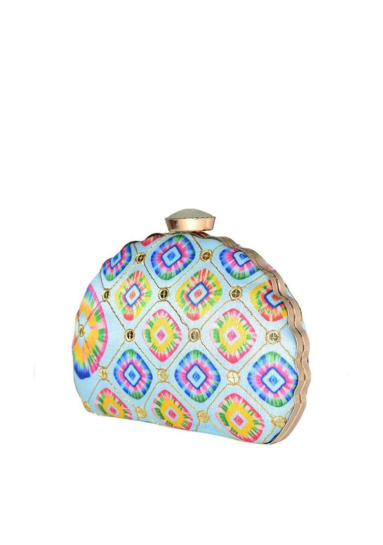 Blue Fabric Blue And Yellow Printed Embroidered Half Moon Clutch - Indya