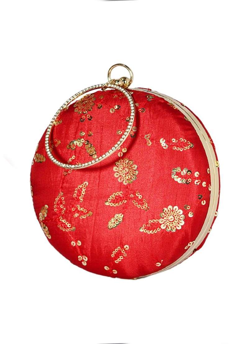 Red Satin Women Red And Gold Toned Embroidered Embroidered Round Box Clutch - Indya