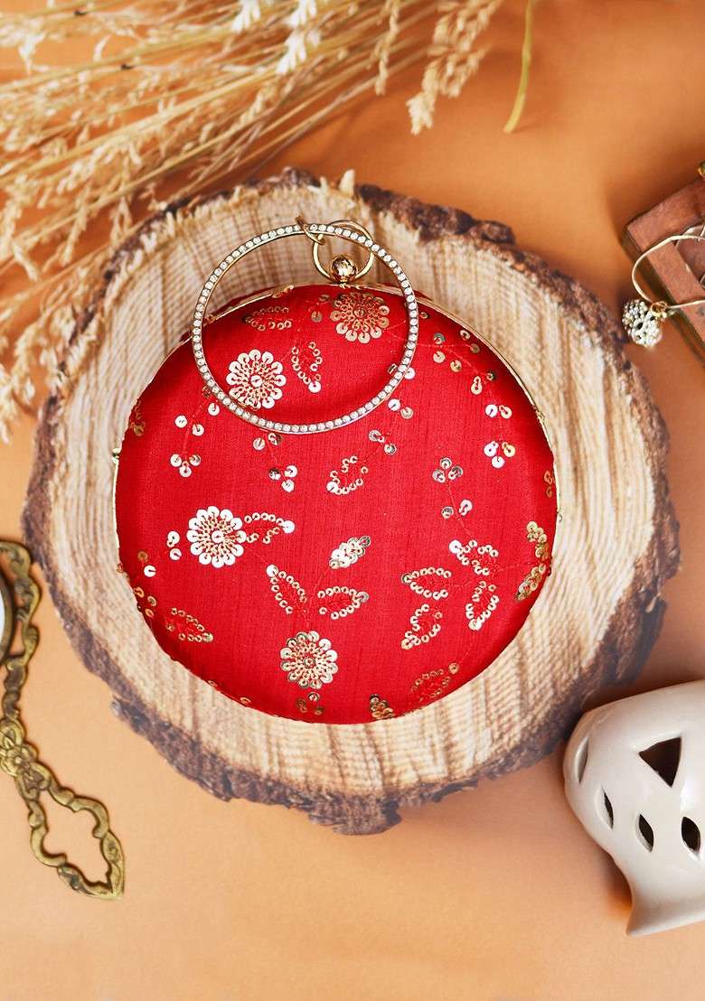 Red Satin Women Red And Gold Toned Embroidered Embroidered Round Box Clutch - Indya