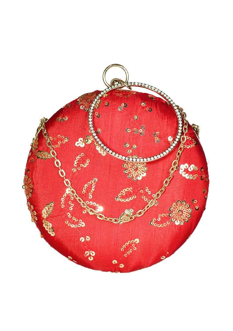 Red Satin Women Red And Gold Toned Embroidered Embroidered Round Box Clutch - Indya