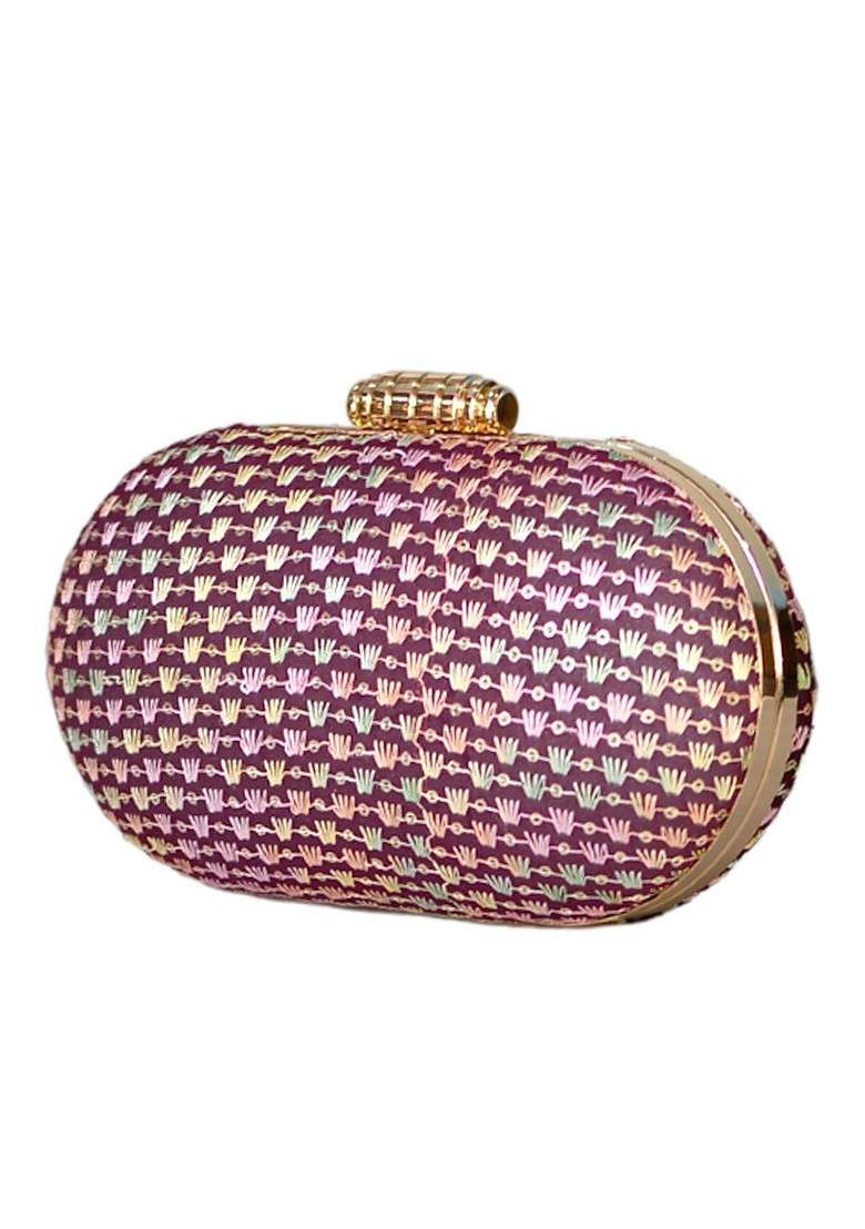 Burgundy Satin Women Burgundy Embroidered Embroidered Box Clutch - Indya