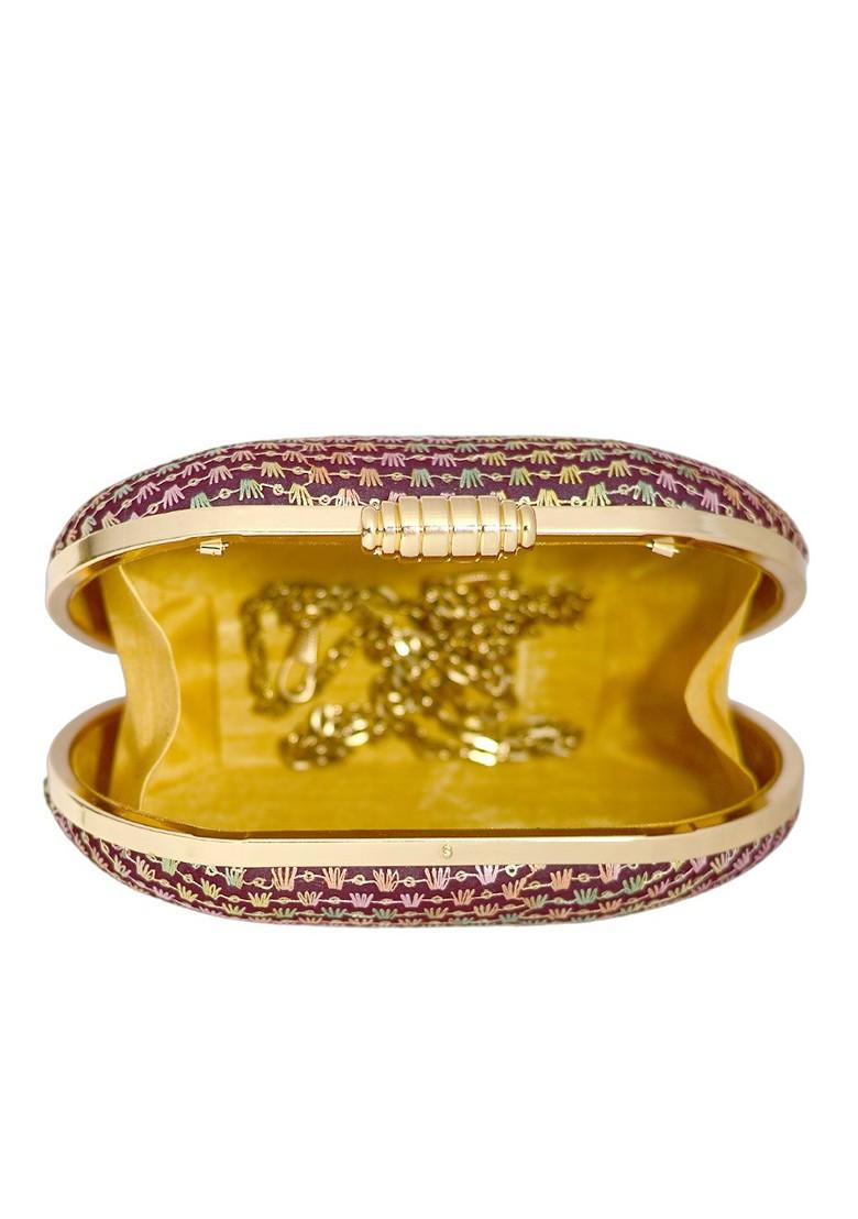 Burgundy Satin Women Burgundy Embroidered Embroidered Box Clutch - Indya