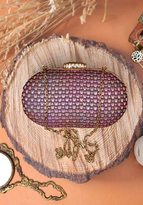 Burgundy Satin Women Burgundy Embroidered Embroidered Box Clutch