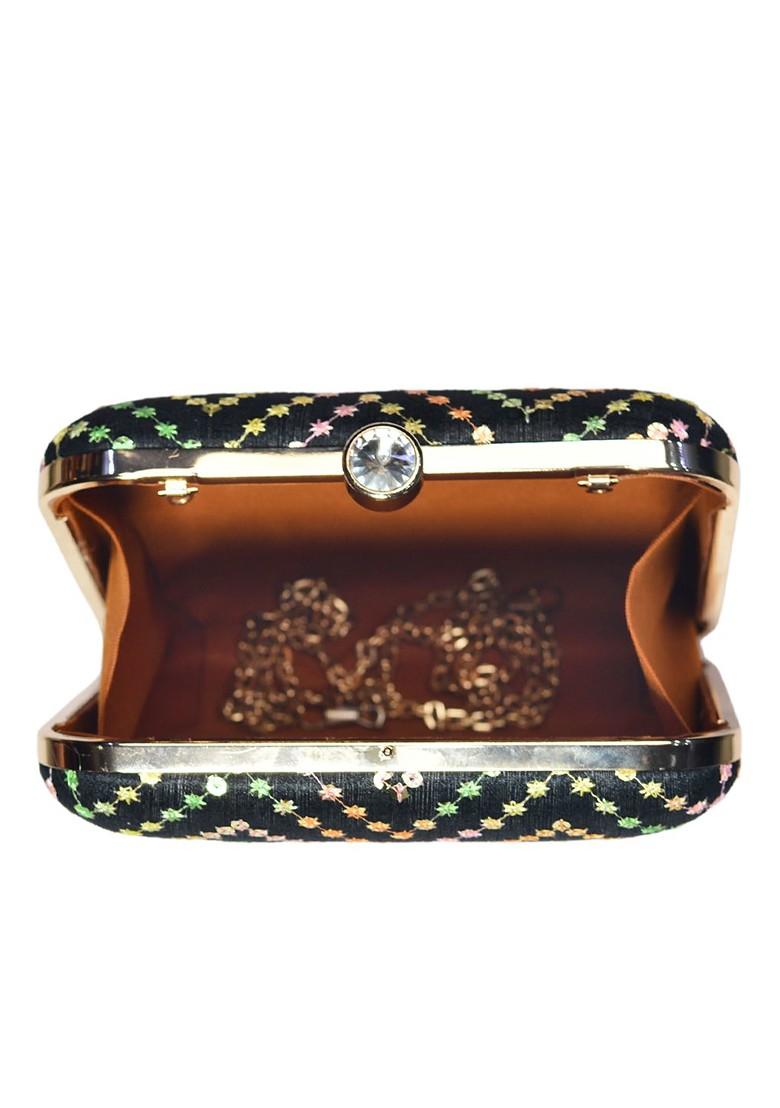 Black Satin Women Black And Gold Embroidered Embellished Box Clutch - Indya