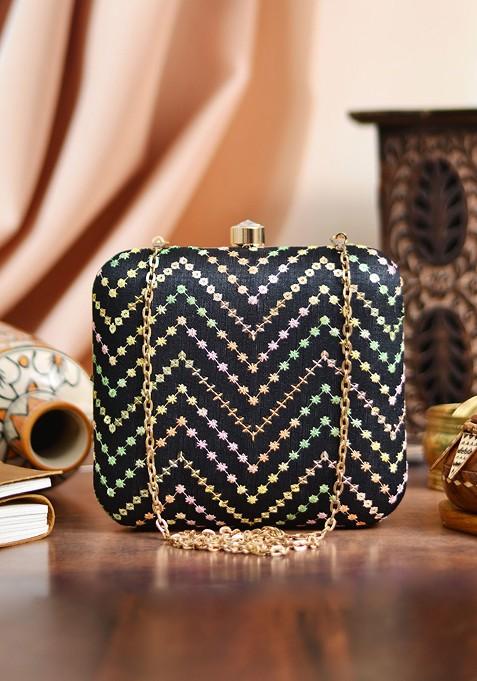 Black Satin Women Black And Gold Embroidered Embellished Box Clutch