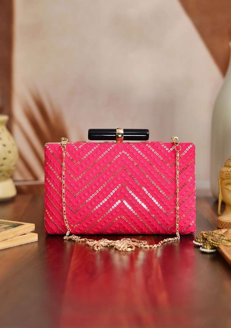 Pink Satin Women Pink And Gold Toned Embellished Embellished Box Clutch - Indya