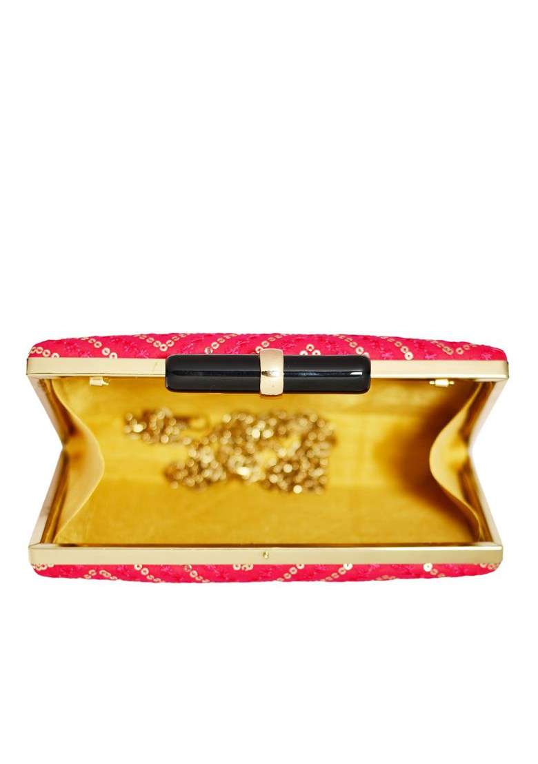 Pink Satin Women Pink And Gold Toned Embellished Embellished Box Clutch - Indya