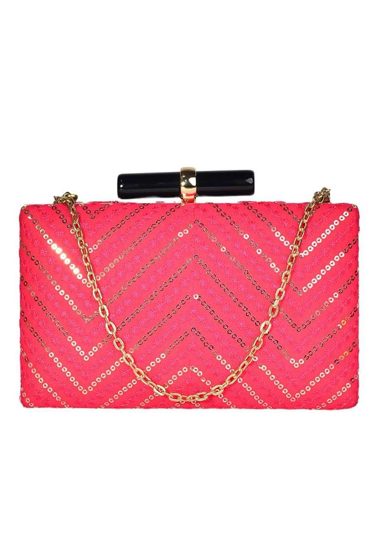 Pink Satin Women Pink And Gold Toned Embellished Embellished Box Clutch - Indya