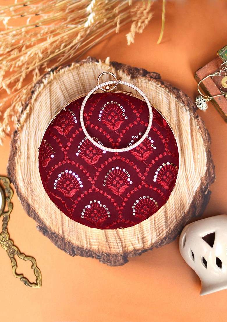 Maroon Satin Maroon And Gold Toned Embroidered Box Clutch - Indya