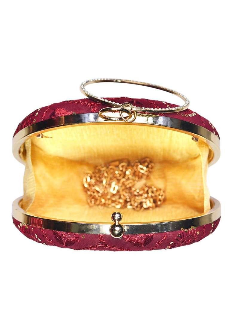 Maroon Satin Maroon And Gold Toned Embroidered Box Clutch - Indya