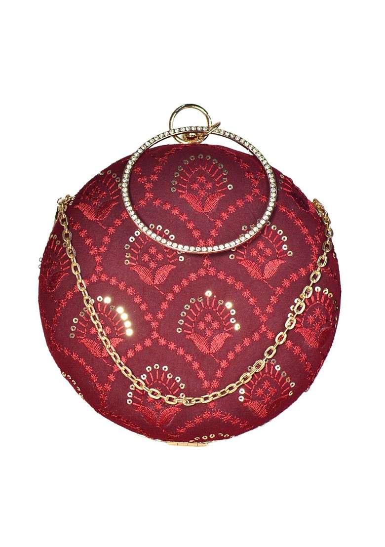 Maroon Satin Maroon And Gold Toned Embroidered Box Clutch - Indya