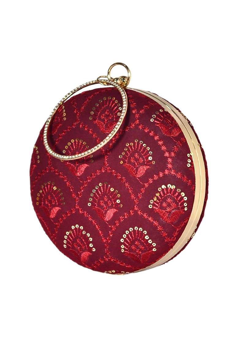 Maroon Satin Maroon And Gold Toned Embroidered Box Clutch - Indya