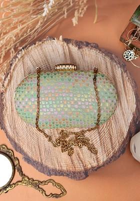 Lime Green Satin Lime Green And Orange Embroidered Box Clutch