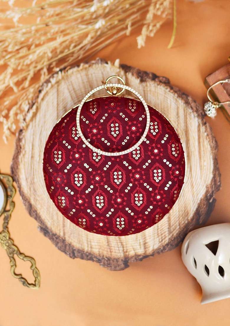 Maroon Satin Maroon Embroidered Box Clutch - Indya