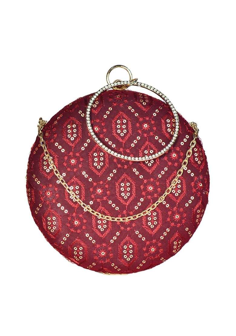 Maroon Satin Maroon Embroidered Box Clutch - Indya