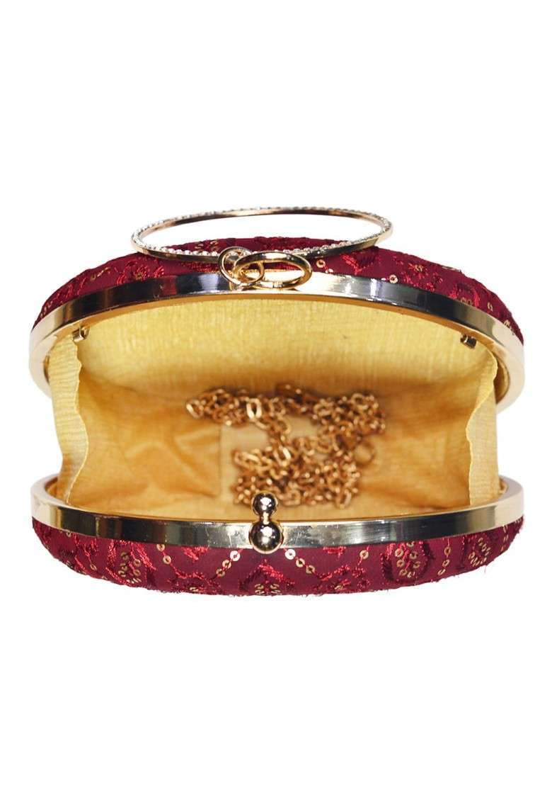 Maroon Satin Maroon Embroidered Box Clutch - Indya