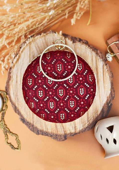 Maroon Satin Maroon Embroidered Box Clutch