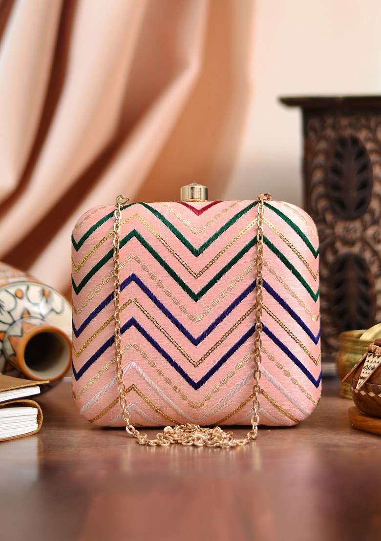 Peach Satin Peach Coloured And Green Embroidered Box Clutch - Indya