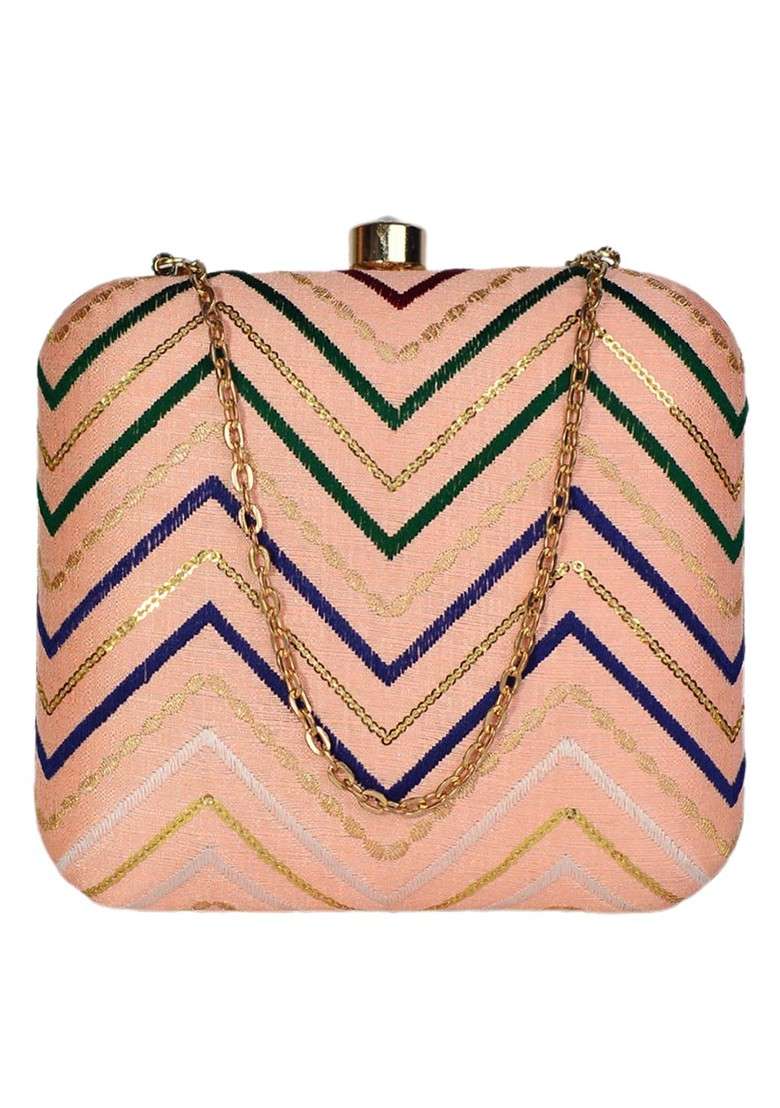Peach Satin Peach Coloured And Green Embroidered Box Clutch - Indya