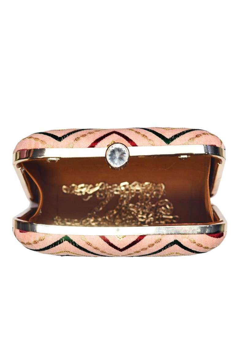 Peach Satin Peach Coloured And Green Embroidered Box Clutch - Indya