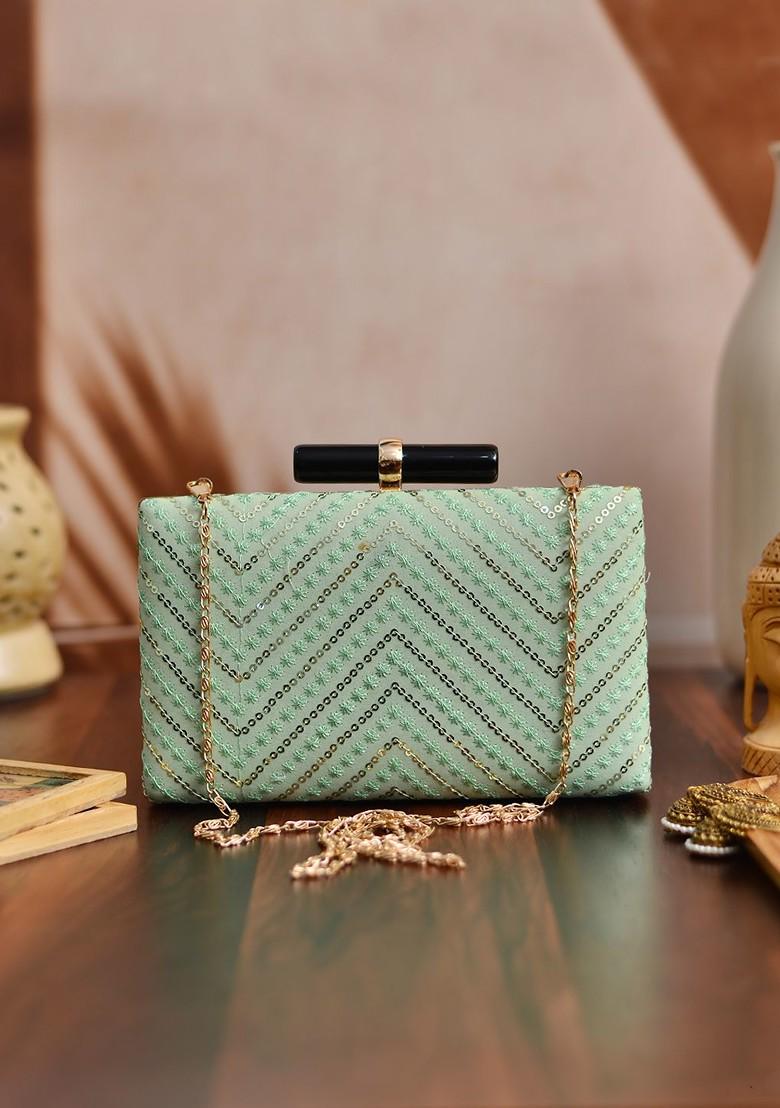 Lime Green Satin Lime Green And Gold Toned Embroidered Box Clutch - Indya